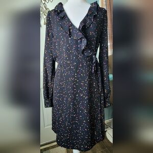 POPSUGAR Ruffled Wrap Dress Women's M Black & Multi Ditzy Stars Long Sleeve